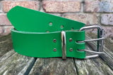 Plain leather 50mm wide belt with 2 prong nickel plated steel roller buckle. Choice of 13 colours