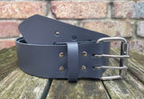 Plain leather 50mm wide belt with 2 prong nickel plated steel roller buckle. Choice of 13 colours