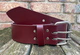 Plain leather 2" (50mm) wide belt with 2 prong nickel plated steel roller buckle. Choice of colour.