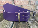 Plain leather 2" (50mm) wide belt with 2 prong nickel plated steel roller buckle. Choice of colour.