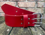 Plain leather 2" (50mm) wide belt with 2 prong nickel plated steel roller buckle. Choice of colour.