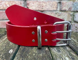 Plain leather 50mm wide belt with 2 prong nickel plated steel roller buckle. Choice of 13 colours