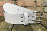 Plain leather 50mm wide belt with 2 prong nickel plated steel roller buckle. Choice of 13 colours