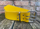 Plain leather 2" (50mm) wide belt with 2 prong nickel plated steel roller buckle. Choice of colour.