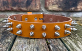 Double spiked leather choker 1/2"- 2" spikes approx 25mm wide. Choice of 13 colours