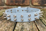 Double spiked leather choker 1/2"- 2" spikes approx 25mm wide. Choice of 13 colours