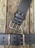Plain leather 50mm wide belt with 2 prong nickel plated steel roller buckle. Choice of 13 colours