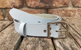 Plain leather 30mm wide belt with nickel plated steel buckle. Choice of 13 colours 685B