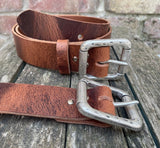 Buffalo leather 38mm wide belt with pewter double roller buckle. Choice of 9 colours (852)