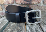 Plain leather belt with pewter double roller buckle. 38mm wide choice of colour 852