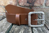 Plain leather belt with pewter double roller buckle. 38mm wide choice of colour 852