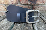 Plain leather belt with pewter double roller buckle. 38mm wide choice of colour 852