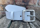 Plain leather 38mm wide belt with pewter double roller buckle. Choice of 13 colours 852