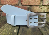 Plain leather 38mm wide belt with 2 prong stainless steel buckle. Choice of 13 colours