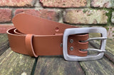 Plain leather 38mm wide belt with 2 prong stainless steel buckle. Choice of 13 colours
