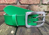 Plain leather 38mm wide belt with 2 prong stainless steel buckle. Choice of 13 colours