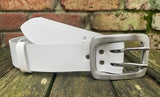 Plain leather 38mm wide belt with 2 prong stainless steel buckle. Choice of 13 colours