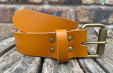 Plain leather 19mm-50mm wide belt with antique brass look single roller buckle. Choice of 13 colours
