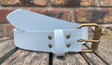 Plain leather 19mm-50mm wide belt with antique brass look single roller buckle. Choice of 13 colours
