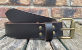 Plain leather 19mm-50mm wide belt with antique brass look single roller buckle. Choice of 13 colours