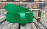 Plain leather 19mm-50mm wide belt with antique brass look single roller buckle. Choice of 13 colours