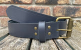 Plain leather 19mm-50mm wide belt with antique brass look single roller buckle. Choice of 13 colours