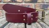 Plain leather 19mm-50mm wide belt with antique brass look single roller buckle. Choice of 13 colours