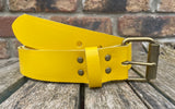 Plain leather 19mm-50mm wide belt with antique brass look single roller buckle. Choice of 13 colours