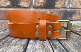 Buffalo leather 19mm-50mm wide belt with antique look steel roller buckle. Choice of 9 colours