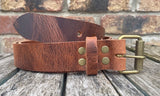 Buffalo leather 19mm-50mm wide belt with antique look steel roller buckle. Choice of 9 colours