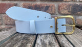 Plain leather 30mm or 38mm wide belt with solid brass buckle. Choice of 13 colours B019