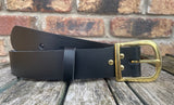 Plain leather 30mm or 38mm wide belt with solid brass buckle. Choice of 13 colours B019