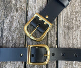 Plain leather 30mm or 38mm wide belt with solid brass buckle. Choice of 13 colours B019