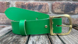 Plain leather 30mm or 38mm wide belt with solid brass buckle. Choice of 13 colours B019