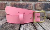 Plain leather 30mm or 38mm wide belt with solid brass buckle. Choice of 13 colours B019