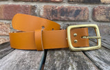 Plain leather 38mm wide belt with solid brass buckle. Choice of 13 colours B028