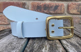 Plain leather 38mm wide belt with solid brass buckle. Choice of 13 colours B028