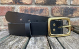 Plain leather 38mm wide belt with solid brass buckle. Choice of 13 colours B028