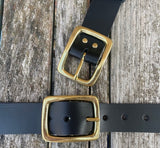 Plain leather 38mm wide belt with solid brass buckle. Choice of 13 colours B028