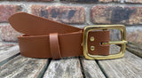 Plain leather 38mm wide belt with solid brass buckle. Choice of 13 colours B028