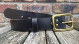 Plain leather 38mm wide belt with solid brass buckle. Choice of 13 colours B028