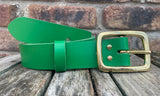 Plain leather 38mm wide belt with solid brass buckle. Choice of 13 colours B028