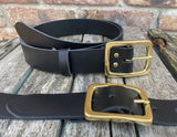 Plain leather 38mm wide belt with solid brass buckle. Choice of 13 colours B028