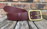 Plain leather 38mm wide belt with solid brass buckle. Choice of 13 colours B028