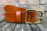 Buffalo leather 38mm wide belt with solid brass buckle. Choice of 9 colours (B028)