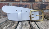 Plain leather 38mm wide belt with solid brass buckle. Choice of 13 colours B028