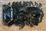 Flaming skull & rose metal belt buckle BK12