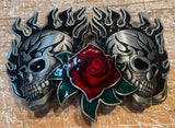 Flaming skull & rose metal belt buckle BK12