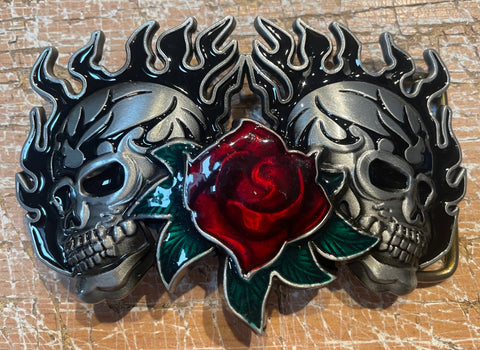 Flaming skull & rose metal belt buckle BK12