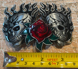 Flaming skull & rose metal belt buckle BK12